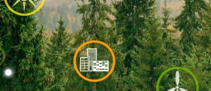 fondo de un bosque verde con logos de símbolos de energías renovables